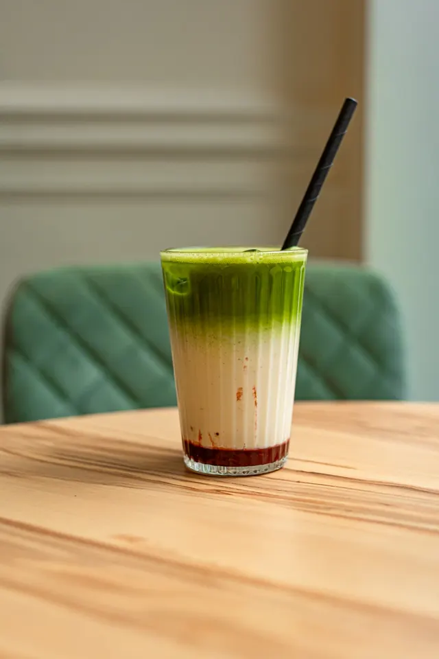 Boisson au matcha sur une table.